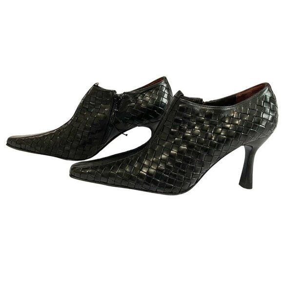 DONALD J PLINER MAZI BLACK BRAIDED LEATHER POINTED SQUARE TOE HEELED ANKLE BOOTS - Picture 1 of 7